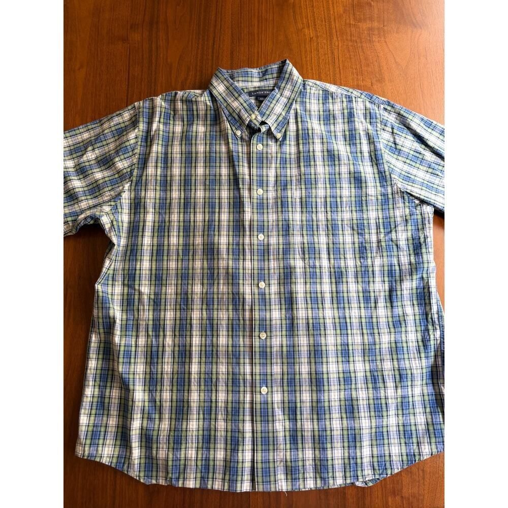 Lands' End Men's Blue & Green Plaid Short Sleeve Button Down Shirt - Size L